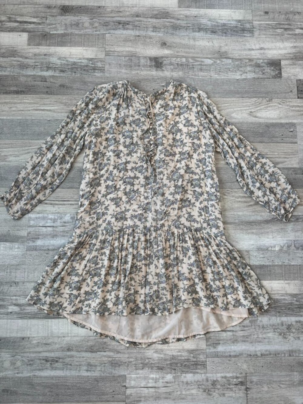 Lucky Brand beige blue floral drop waist dress long sleeve lined size small G47